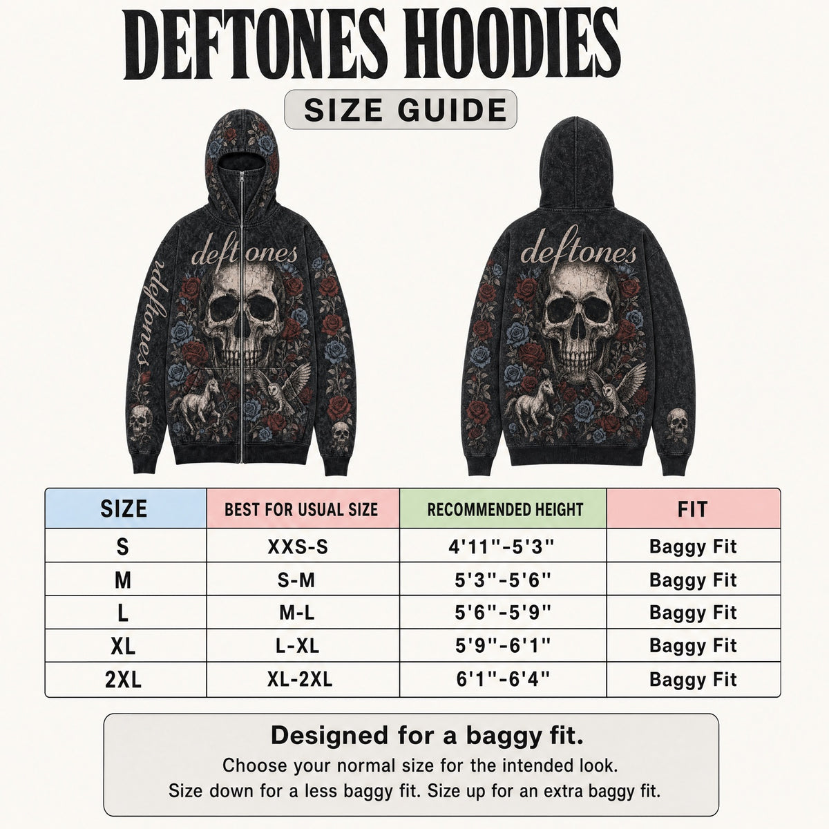 Deftones Hoodies size guide: S to 2XL, baggy fit