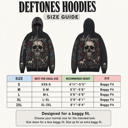 Deftones Hoodies size guide: S to 2XL, baggy fit