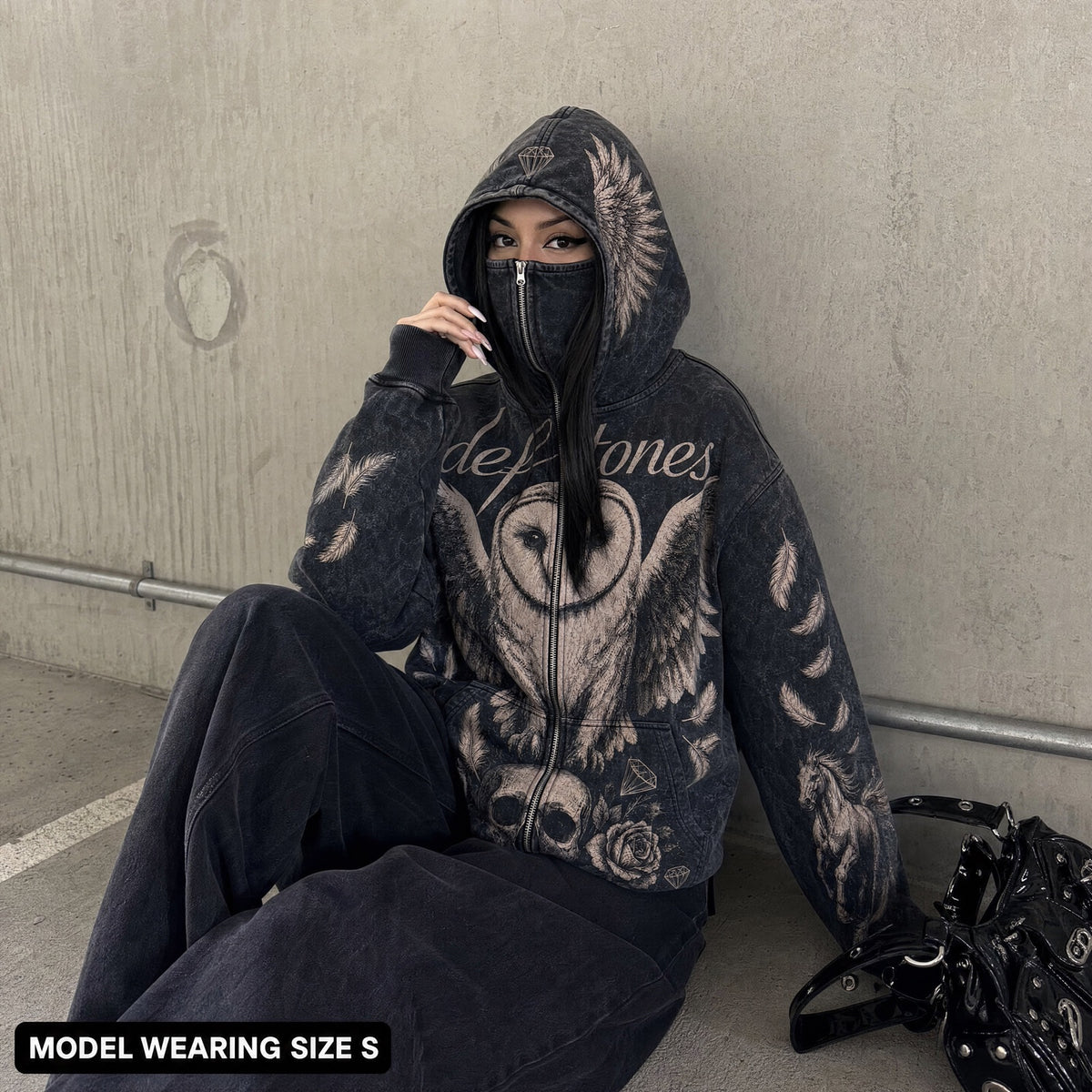 Model wearing the Charcoal Owl hoodie in size S, balaclava zipped