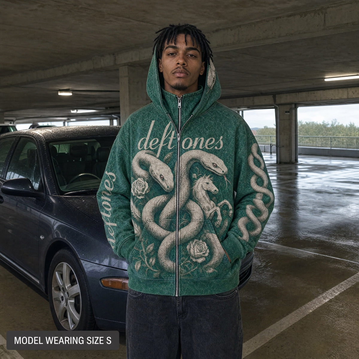 Model wearing the Green Snake hoodie in size S