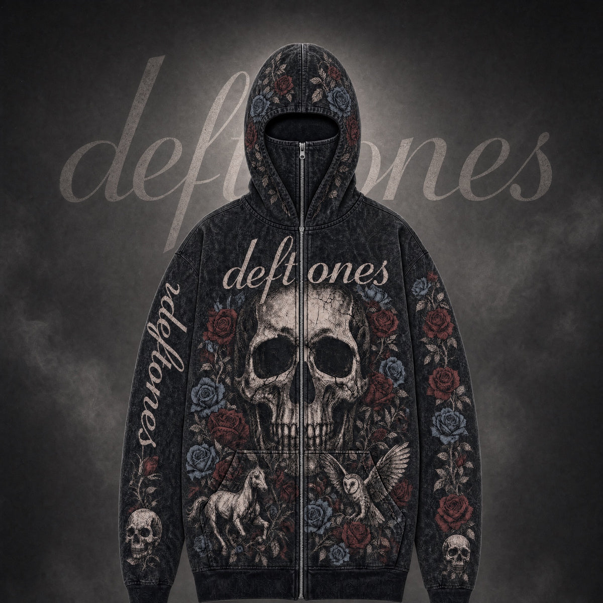 Deftones skull and roses full-zip balaclava hoodie